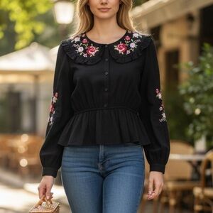 Embroidered Collar Peplum Top